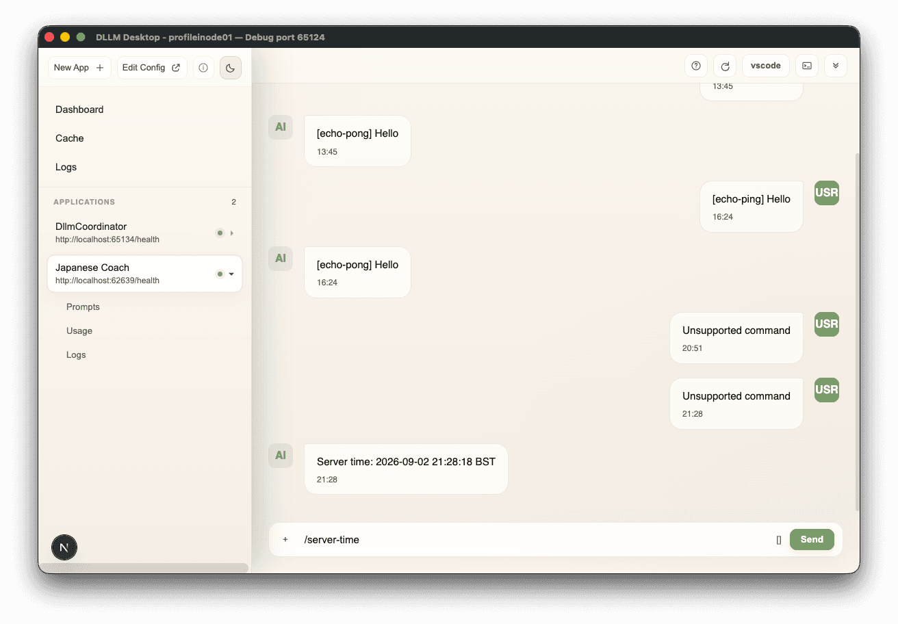 Japanese Coach in DLLM Desktop replying with the server time after the custom command is deployed.