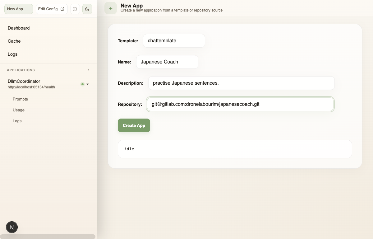 New App form with Template, Name, Description, and Repository fields