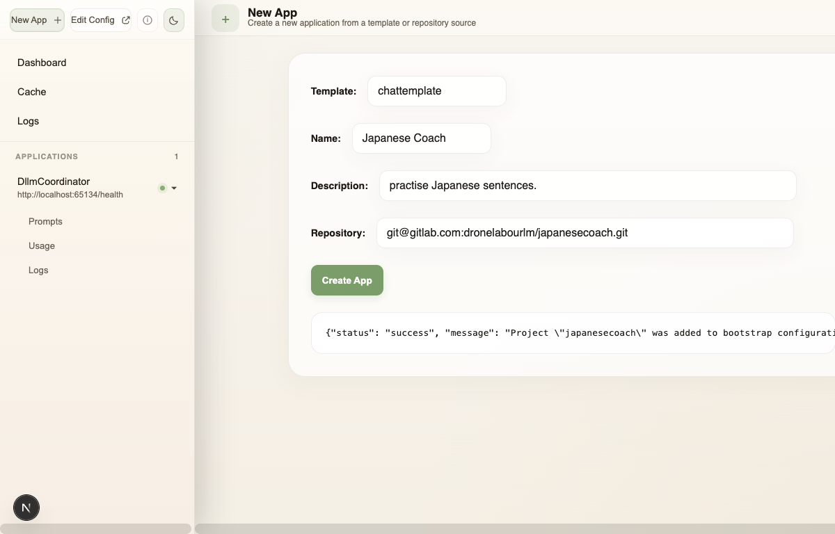 New App page showing a successful project-creation message