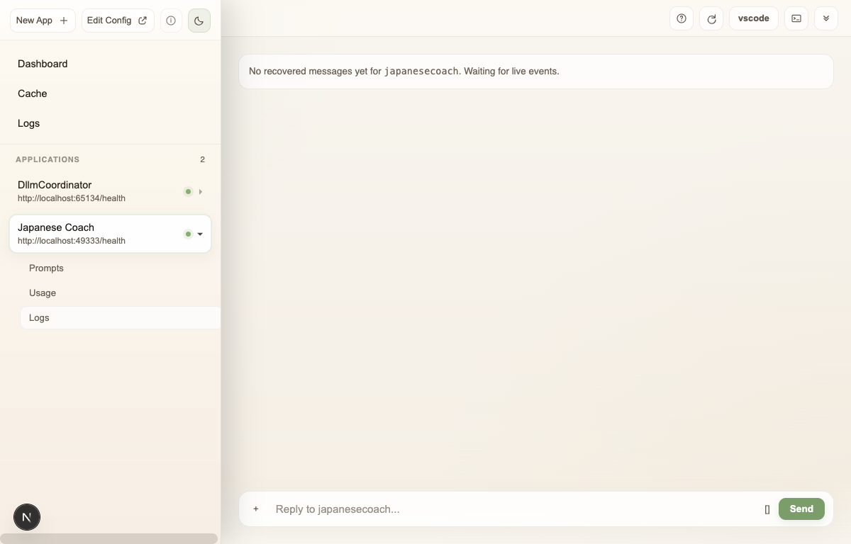 DLLM Desktop with Japanese Coach in the application sidebar and its chat open