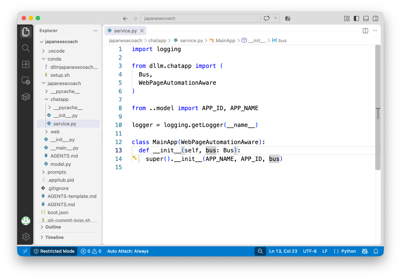 The Japanese Coach project open in VS Code, showing service.py and Restricted Mode