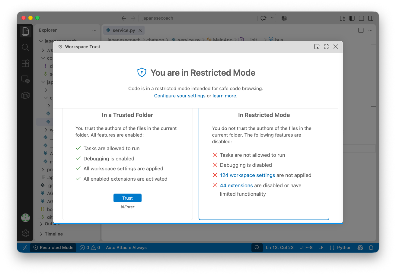 VS Code Workspace Trust dialog for the Japanese Coach project