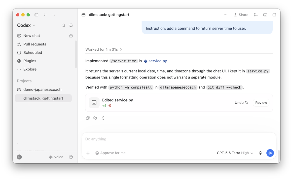 Codex conversation about server time command implementation