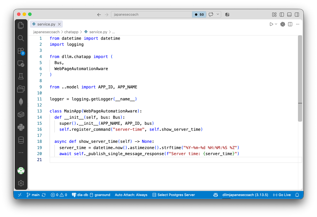VS Code showing the server-time command added to service.py